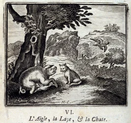Der Adler, die Sau und die Katze. Fabeln von Jean de La Fontaine. Illustration von François Chauveau. Ausgabe von 1728.