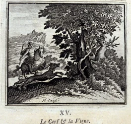 Der Hirsch und der Weinstock. Fabeln von Jean de La Fontaine. Illustration von François Chauveau. Ausgabe von 1728.