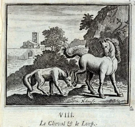 Das Pferd und der Wolf. Fabeln von Jean de La Fontaine. Illustration von François Chauveau. Ausgabe von 1728.