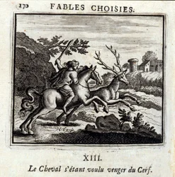 Das Pferd wollte Rache am Hirsch. Fabeln von Jean de La Fontaine. Illustration von François Chauveau. Ausgabe von 1728.