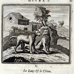 Der Wolf und der Hund. Fabeln von Jean de La Fontaine. Illustration von François Chauveau. Ausgabe von 1728