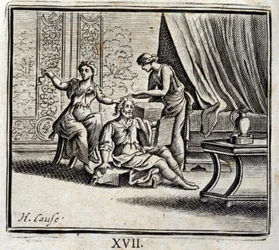 Der Mann zwischen zwei Altern und seine zwei Geliebten. Fabeln von Jean de La Fontaine. Illustration von François Chauveau. Ausgabe von 1728.