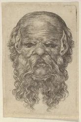 Maske eines glatzköpfigen Mannes mit spitzen Ohren und langem, gespaltenem Bart, aus Divers Masques, ca. 1635-45