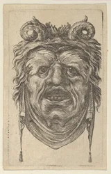 Satyrmaske mit gekräuselten Hörnern, blättrigen Augenbrauen und einem Tuch unter dem Kinn, ca. 1635-45
