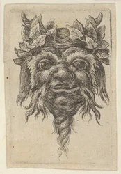 Satyrmaske mit spiralförmigem Bart und Efeu um jedes Horn, aus Divers...
