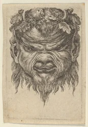 Satyrmaske mit eingedrückter Schnauze und einem Eichenlaubkranz