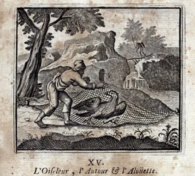 Der Vogel und die Lerche. Fabeln von Jean de La Fontaine. Illustration von François Chauveau. Ausgabe von 1728.