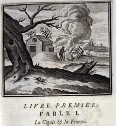 Die Zikade und die Ameise. Fabeln von Jean de La Fontaine (1621-95). Illustration von François Chauveau (1613-1676). Ausgabe von 1728.