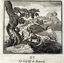 Der Hahn und der Fuchs. Fabeln von Jean de La Fontaine. Illustration von François Chauveau. Ausgabe von 1728.