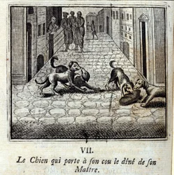 Der Hund, der das Geld seines Herrn am Hals trägt. Fabeln von Jean de La Fontaine. Illustration von François Chauveau. Ausgabe von 1728.