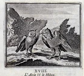 Der Adler und die Eule. Fabeln von Jean de La Fontaine. Illustration von François Chauveau. Ausgabe von 1728.