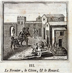 Der Bauer, der Hund und der Fuchs. Fabeln von Jean de La Fontaine. Illustration von François Chauveau. Ausgabe von 1728.