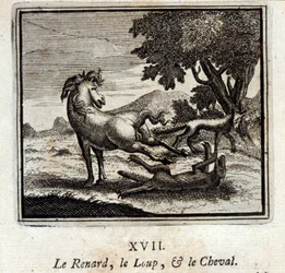 Der Fuchs, der Wolf und das Pferd. Fabeln von Jean de La Fontaine. Illustration von François Chauveau. Ausgabe von 1728.