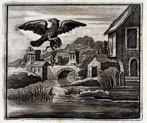 Der Frosch und die Ratte. Fabeln von Jean de La Fontaine. Illustration von François Chauveau. Ausgabe von 1728.