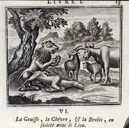 Die Kuh, das Kalb und das Schaf in Gesellschaft mit dem Löwen. Fabeln von Jean de La Fontaine. Illustration von François Chauveau. Ausgabe von 1728.