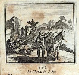 Das Pferd und der Esel. Fabeln von Jean de La Fontaine (1621-95). Illustration von François Chauveau (1613-1676). Ausgabe von 1728.