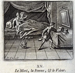 Der Ehemann, die Frau und der Dieb. Fabeln von Jean de La Fontaine. Illustration von François Chauveau. Ausgabe von 1728.