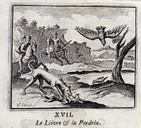 Der Hase und das Rebhuhn. Fabeln von Jean de La Fontaine (1621-95). Illustration von François Chauveau (1613-1676). Ausgabe von 1728.