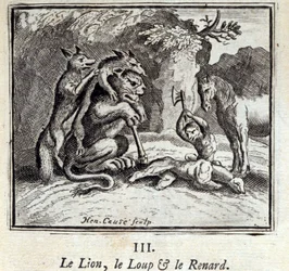 Der Löwe, der Wolf und der Fuchs. Fabeln von Jean de La Fontaine. Illustration von François Chauveau. Ausgabe von 1728.