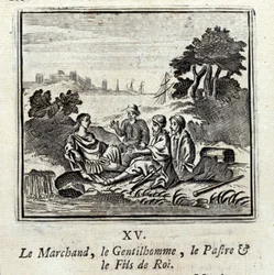 Der Kaufmann, der Edelmann, der Patra und der Sohn des Königs. Fabeln von Jean de La Fontaine. Illustration von François Chauveau. Ausgabe von 1728.