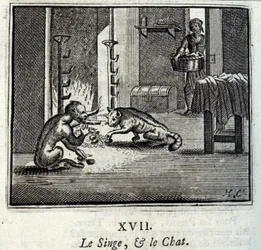 Der Affe und die Katze. Fabeln von Jean de La Fontaine. Illustration von François Chauveau. Ausgabe von 1728.