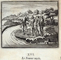 Die ertrunkene Frau. Fabeln von Jean de La Fontaine. Illustration von François Chauveau. Ausgabe von 1728.