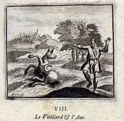 Der alte Mann und der Esel. Fabeln von Jean de La Fontaine (1621-95). Illustration von François Chauveau (1613-1676). Ausgabe von 1728