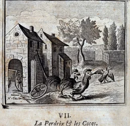 Das Rebhuhn und die Hähne. Fabeln von Jean de La Fontaine (1621-95). Illustration von François Chauveau (1613-1676). Ausgabe von 1728.
