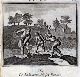 Der Weiner und seine Kinder. Fabeln von Jean de La Fontaine. Illustration von François Chauveau. Ausgabe von 1728.