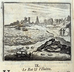 Die Ratte und der Richter. Fabeln von Jean de La Fontaine. Illustration von François Chauveau. Ausgabe von 1728.