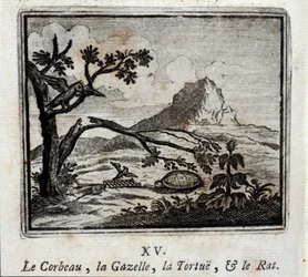 Der Rabe, die Gazelle, die Schildkröte und die Ratte. Fabeln von Jean de La Fontaine (1621-95). Illustration von François Chauveau (1613-1676). Ausgabe von 1728