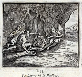 Der Satyr und der Reisende. Fabeln von Jean de La Fontaine. Illustration von François Chauveau. Ausgabe von 1728.