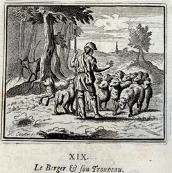 Der Hirte und seine Herde. Fabeln von Jean de La Fontaine. Illustration von François Chauveau. Ausgabe von 1728.