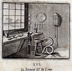 Die Schlange und die Linde. Fabeln von Jean de La Fontaine (1621-95). Illustration von François Chauveau (1613-1676). Ausgabe von 1728.