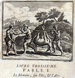 Der Sauger, sein Sohn und der Esel. Fabeln von Jean de La Fontaine. Illustration von François Chauveau. Ausgabe von 1728.