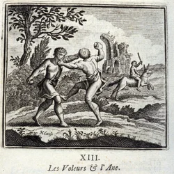 Die Diebe und der Esel. Fabeln von Jean de La Fontaine. Illustration von François Chauveau. Ausgabe von 1728.