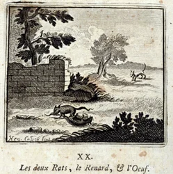 Die zwei Ratten, der Fuchs und das Ei. Fabeln von Jean de La Fontaine. Illustration von François Chauveau. Ausgabe von 1728.