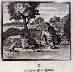 Der Wolf und das Lamm. Fabeln von Jean de La Fontaine. Illustration von François Chauveau. Ausgabe von 1728.