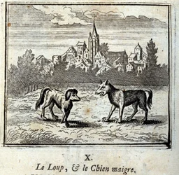 Der Wolf und der magere Hund. Fabeln von Jean de La Fontaine. Illustration von François Chauveau. Ausgabe von 1728.