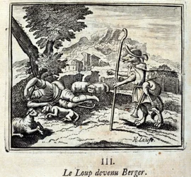 Der Wolf wurde Schäfer. Fabeln von Jean de La Fontaine (1621-95). Illustration von François Chauveau (1613-1676). Ausgabe von 1728