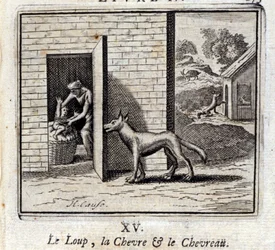 Der Wolf, die Ziege und das Zicklein. Fabeln von Jean de La Fontaine. Illustration von François Chauveau. Ausgabe von 1728.