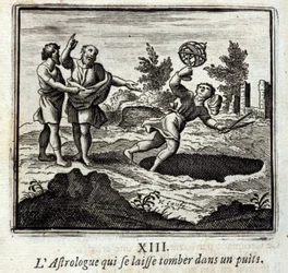 Der Astrologe, der in einen Brunnen fällt. Fabeln von Jean de La Fontaine. Illustration von François Chauveau. Ausgabe von 1728.