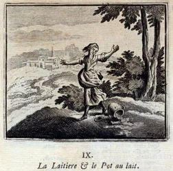Die Milchfrau und der Milchtopf. Fabeln von Jean de La Fontaine. Illustration von François Chauveau. Ausgabe von 1728