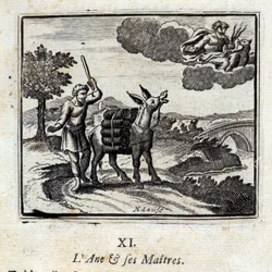 Der Esel und seine Herren. Fabeln von Jean de La Fontaine (1621-95). Illustration von François Chauveau (1613-1676). Ausgabe von 1728