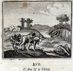 Der Esel und der Hund. Fabeln von Jean de La Fontaine. Illustration von François Chauveau. Ausgabe von 1728.