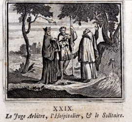 Der Richter schiedsrichtet den Hospitaliter und den Einsiedler. Fabeln von Jean de La Fontaine. Illustration von François Chauveau. Ausgabe von 1728