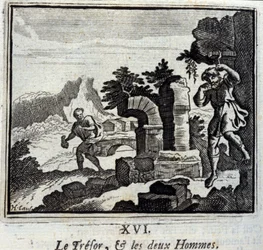Der Schatz und die zwei Männer. Fabeln von Jean de La Fontaine (1621-95). Illustration von François Chauveau (1613-1676). Ausgabe von 1728.