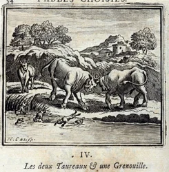 Die zwei Stiere und ein Frosch. Fabeln von Jean de La Fontaine. Illustration von François Chauveau. Ausgabe von 1728.