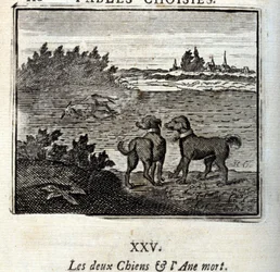 Die zwei Hunde und der tote Esel. Fabeln von Jean de La Fontaine (1621-95). Illustration von François Chauveau (1613-1676). Ausgabe von 1728
