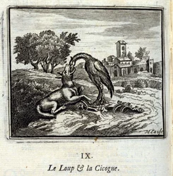 Der Wolf und der Storch. Fabeln von Jean de La Fontaine (1621-95). Illustration von François Chauveau (1613-1676). Ausgabe von 1728